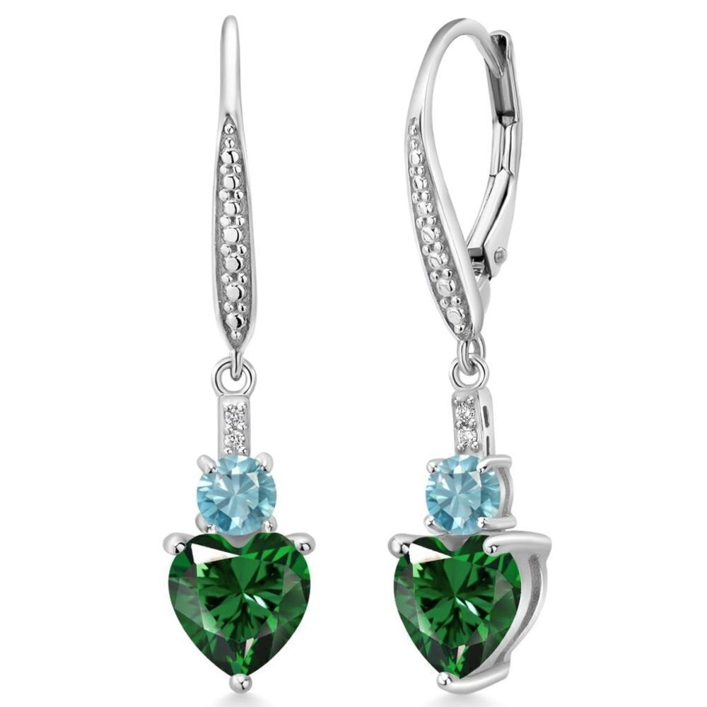 925 Sterling Silver with 3.03 Cttw Emerald and Blue Zircon Heart Drop Earrings